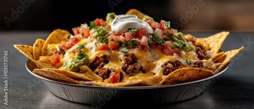 Enjoy this vibrant plate of nachos loaded with cheese, ground meat, fresh toppings, and served with salsa and guacamole. Perfect for sharing!