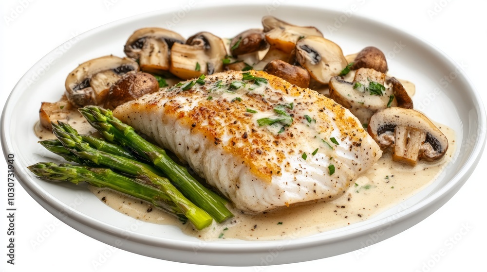 A white plate with a piece of pan-seared fish, asparagus spears, and mushrooms in a creamy sauce. A white plate with a piece of pan-seared fish, asparagus spears, and mushrooms in a creamy sauce.