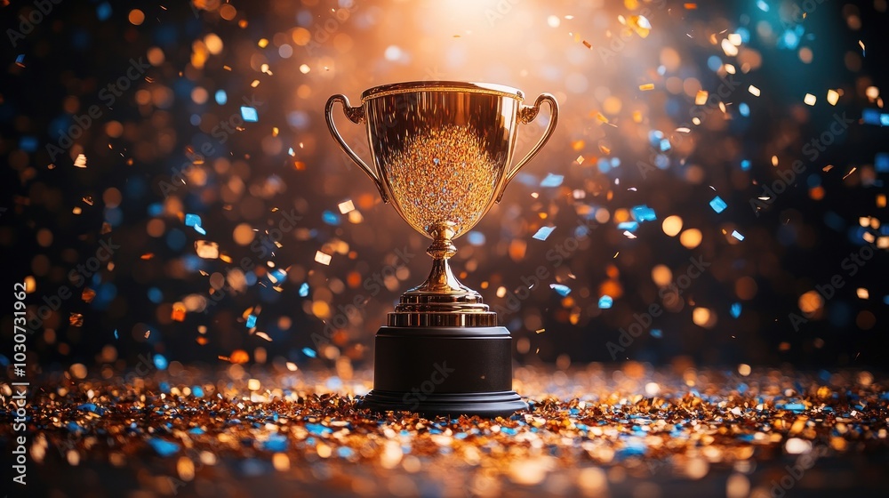 Illuminated trophy with swirling festive confetti display
