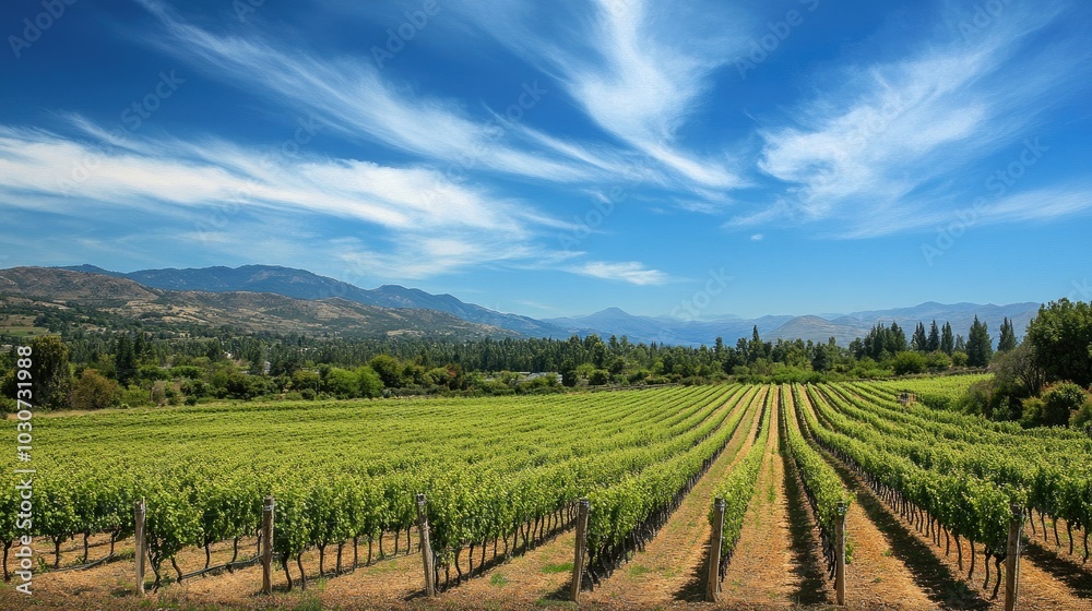 Lush vineyards in Chile wine country with open space for copy in the sky