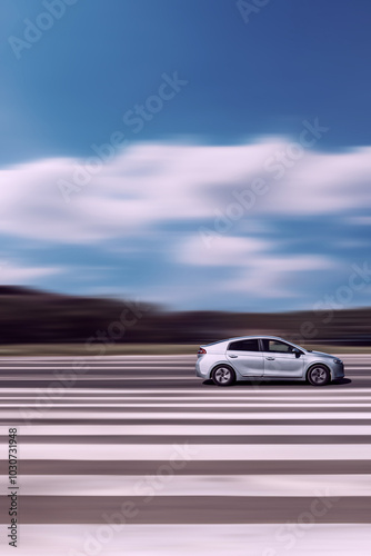 A moving car. Side view of fast moving car with blurred background