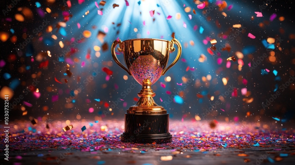 Golden trophy with colorful confetti all around it Golden trophy with colorful confetti all around it