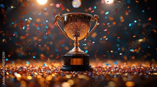 Sparkling trophy in a rain of colorful confetti photo