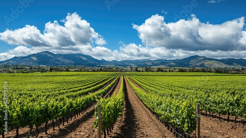 Lush vineyards in Chile wine country with open space for copy in the sky