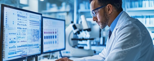A scientist in a lab coat reviews test results on a computer screen