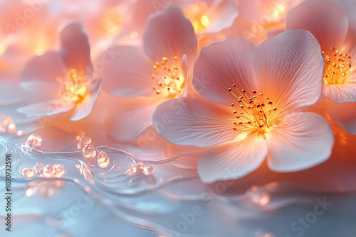 Delicate pink flowers softly illuminated, creating an ethereal atmosphere, intertwined with gentle lighting, perfect for a serene and calming scene.