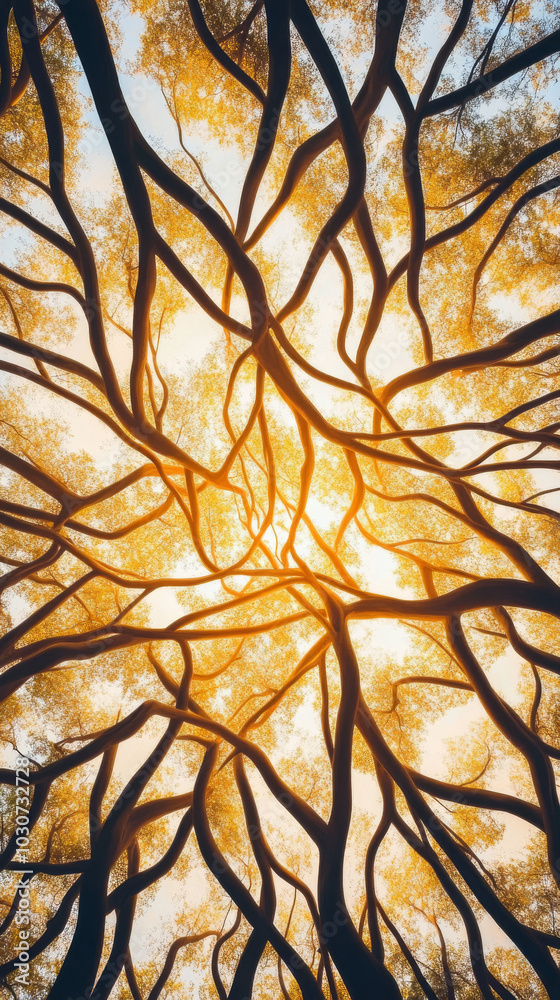 A view looking up through the branches of a large tree. A view looking up through the branches of a large tree.