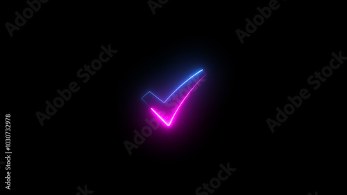 neon illustration of checkmark sign clip art, blue and pink glowing lines