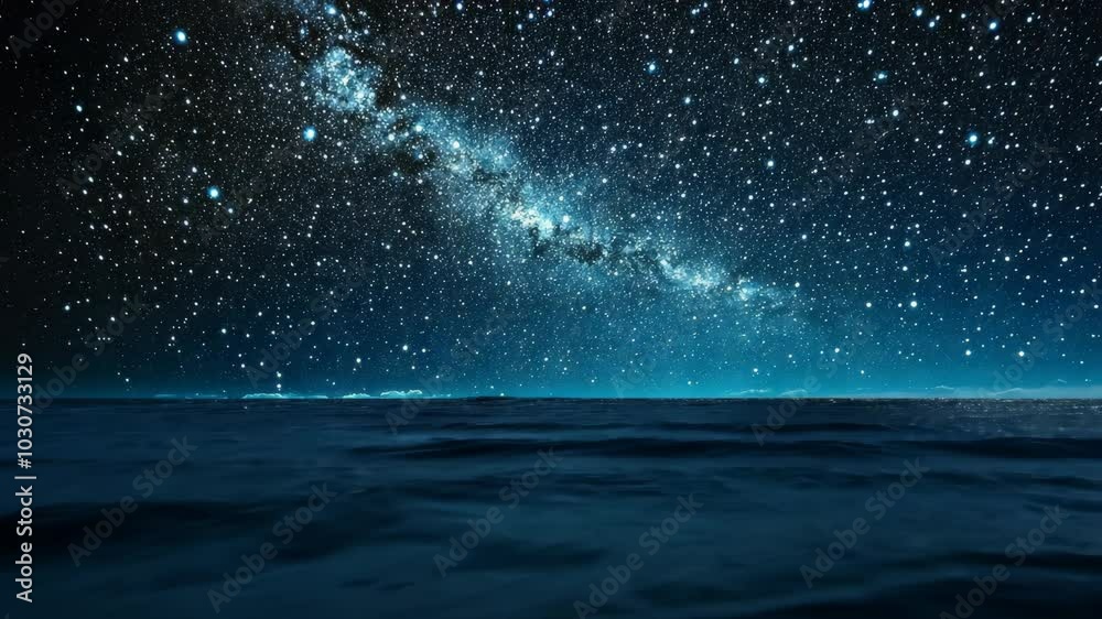 The Milky Way shines brightly over the calm ocean on a clear night
