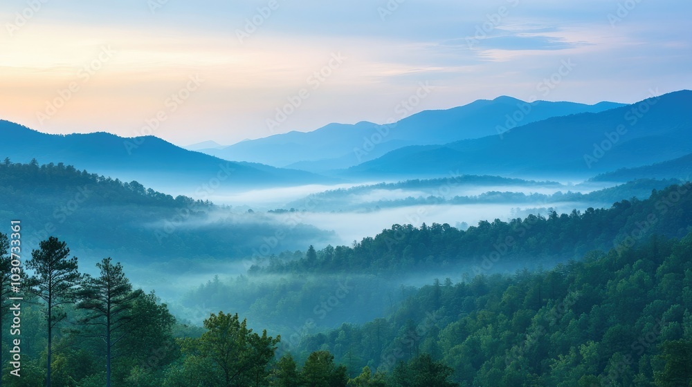 Misty morning over the Great Smoky Mountains, with space for copy in the sky Misty morning over the Great Smoky Mountains, with space for copy in the sky
