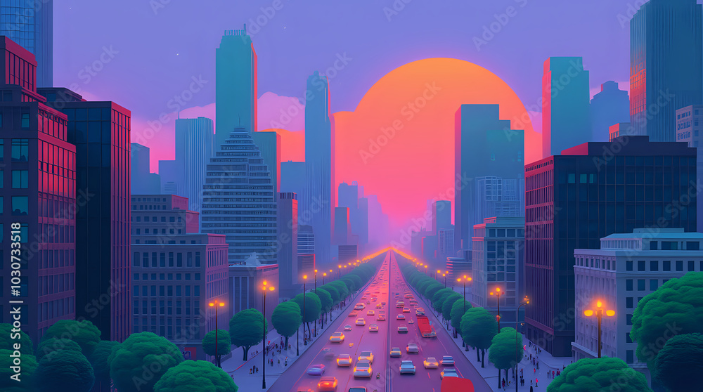 Obraz premium a bustling modern city at sunset, where the skyline is dominated by towering skyscrapers crafted from gleaming glass and steel.