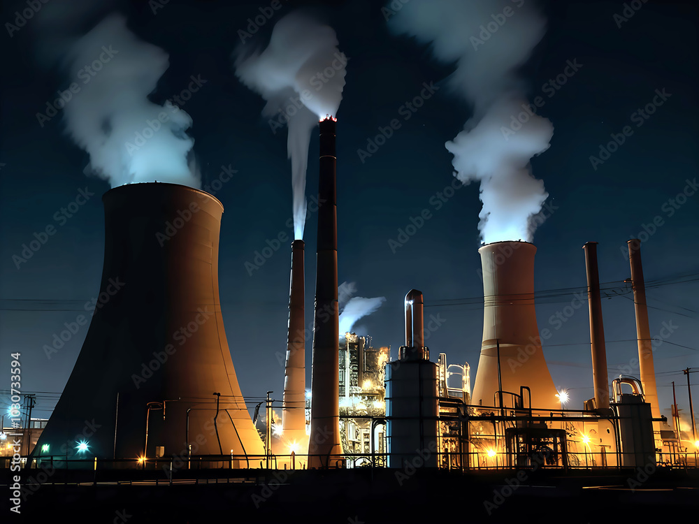 A power plant illuminated at night, featuring smokestacks emitting light vapor. The dark surroundings enhance the glowing industrial architecture. A power plant illuminated at night, featuring smokestacks emitting light vapor. The dark surroundings enhance the glowing industrial architecture.