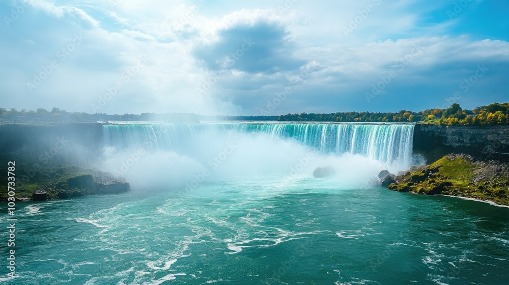 Niagara Falls from the American side, mist rising with plenty of space for text Niagara Falls from the American side, mist rising with plenty of space for text