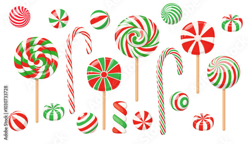 Christmas lollipops, candy canes and peppermint sweets with spiral red and green stripes and swirls. Hard sugar candies and caramels on sticks, striped Xmas lollipops, vector cartoon set photo