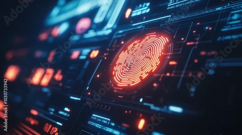 A digital fingerprint on a futuristic interface with intricate cyber patterns, representing high-tech security, identity verification, or advanced biometric authentication systems.