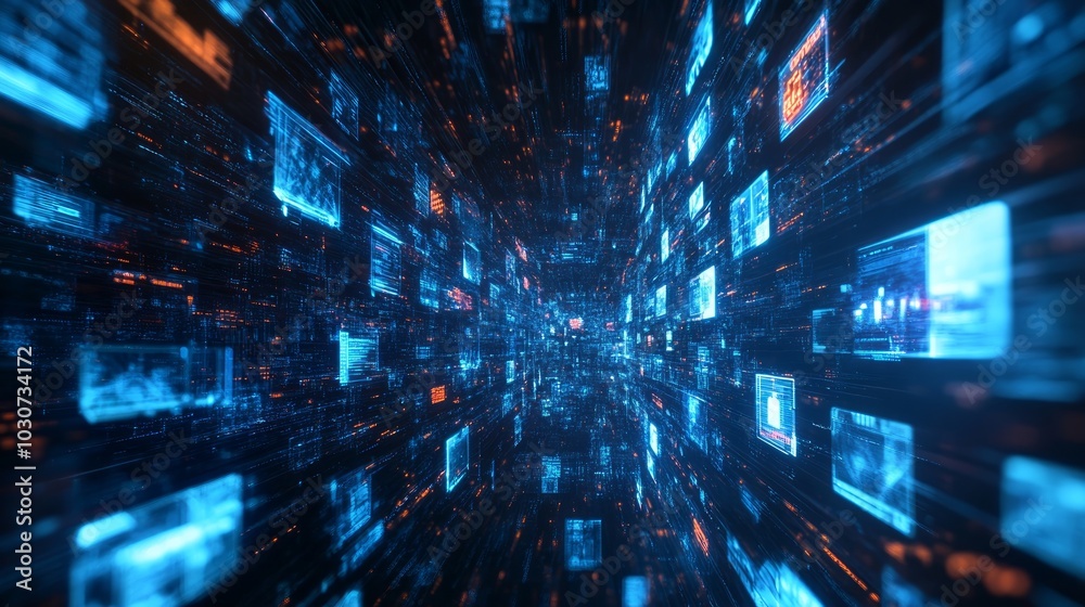 Abstract digital tunnel with blue and orange glowing data blocks. Abstract digital tunnel with blue and orange glowing data blocks.