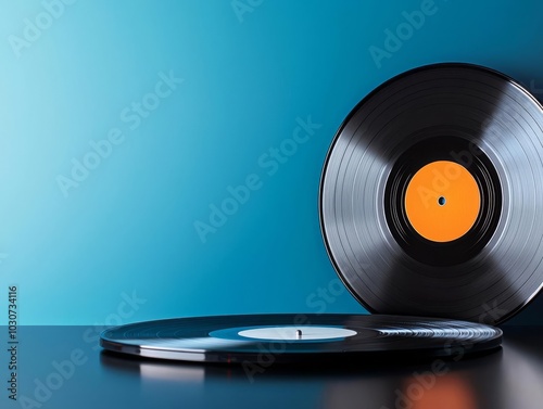 Glossy black vinyl record with a blank center, laying flat on a dark surface with subtle reflections, highlighting the record s shine photo