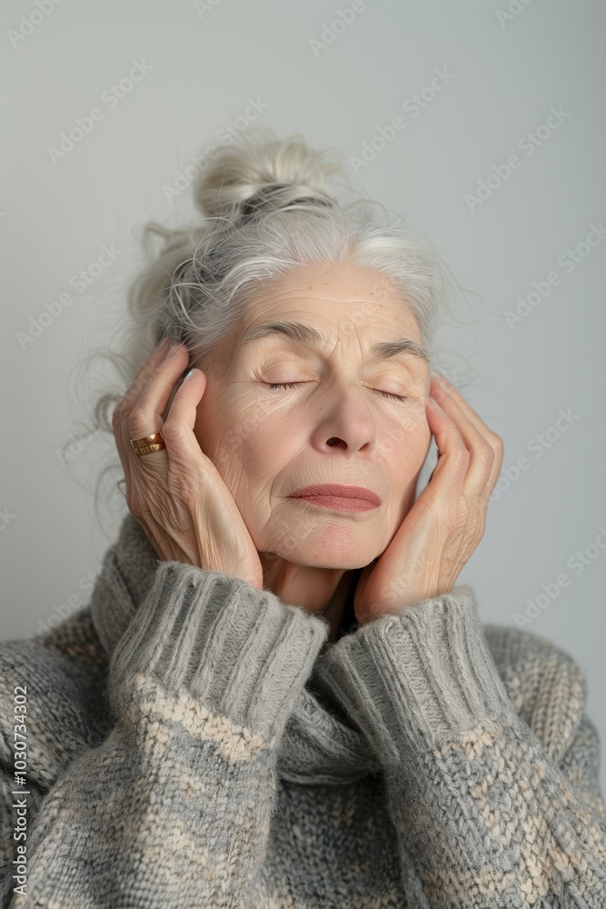 Elderly woman in a cozy sweater with closed eyes and hands on her face, embodying peaceful aging, relaxation, and mindfulness during a quiet, reflective moment Elderly woman in a cozy sweater with closed eyes and hands on her face, embodying peaceful aging, relaxation, and mindfulness during a quiet, reflective moment