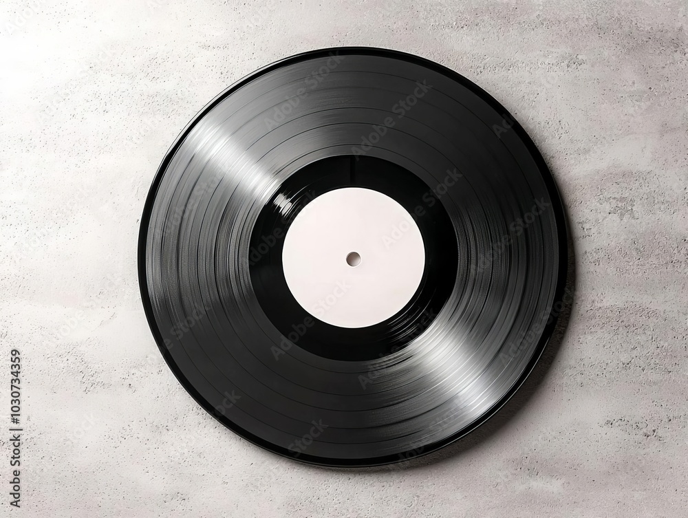 Obraz premium Matte black vinyl record with no label, laying on a concrete surface, offering a raw, industrial feel for album artwork mockups