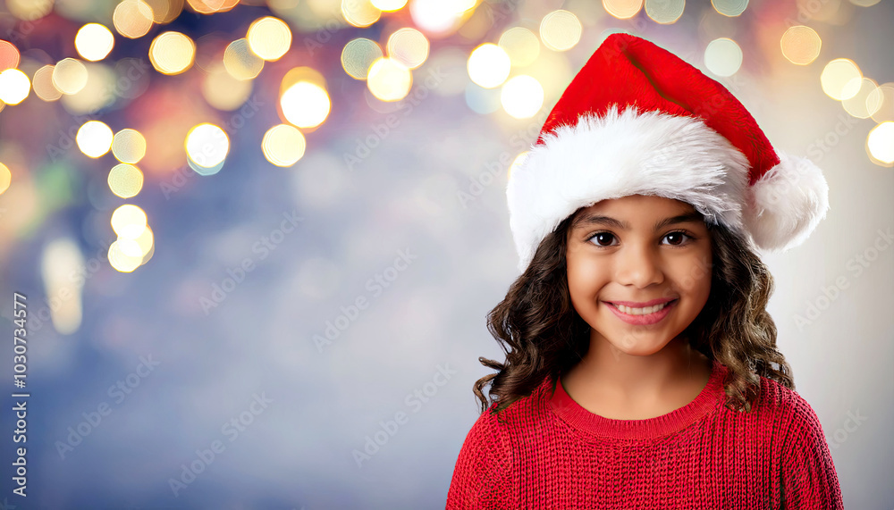 Latin girl with a Christmas hat with a background with bokeh, space for copy, graphic resource for Christmas promotion Latin girl with a Christmas hat with a background with bokeh, space for copy, graphic resource for Christmas promotion