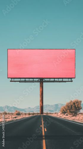 A pink billboard stands tall over a desolate desert highway.