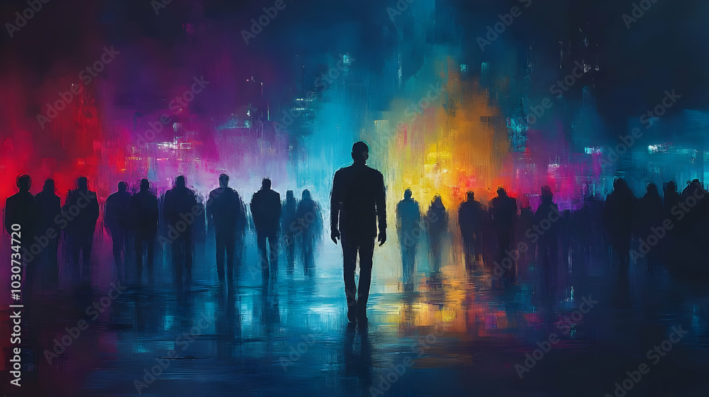Silhouetted figures in a colorful, abstract urban landscape. Silhouetted figures in a colorful, abstract urban landscape.