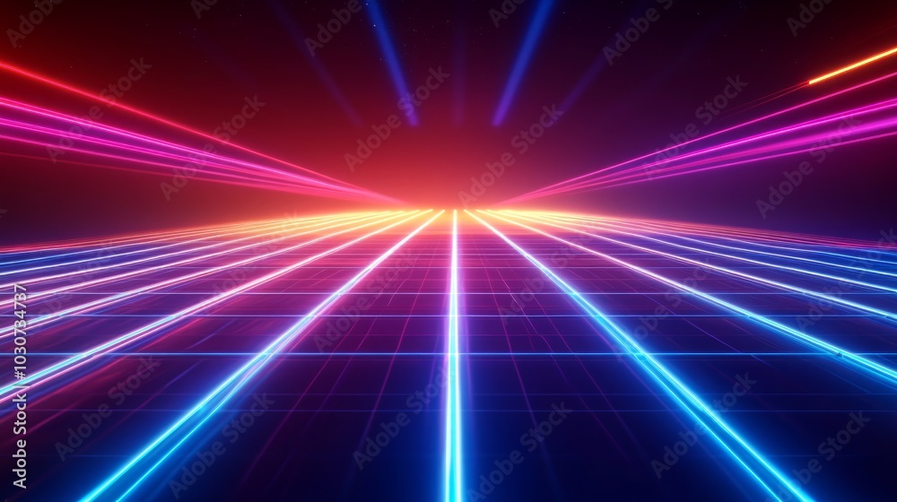 Abstract neon lines converge on a horizon, creating a futuristic and dynamic digital landscape. Abstract neon lines converge on a horizon, creating a futuristic and dynamic digital landscape.