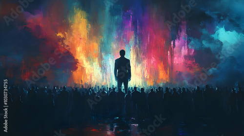 A silhouetted figure stands before a vibrant, colorful crowd.