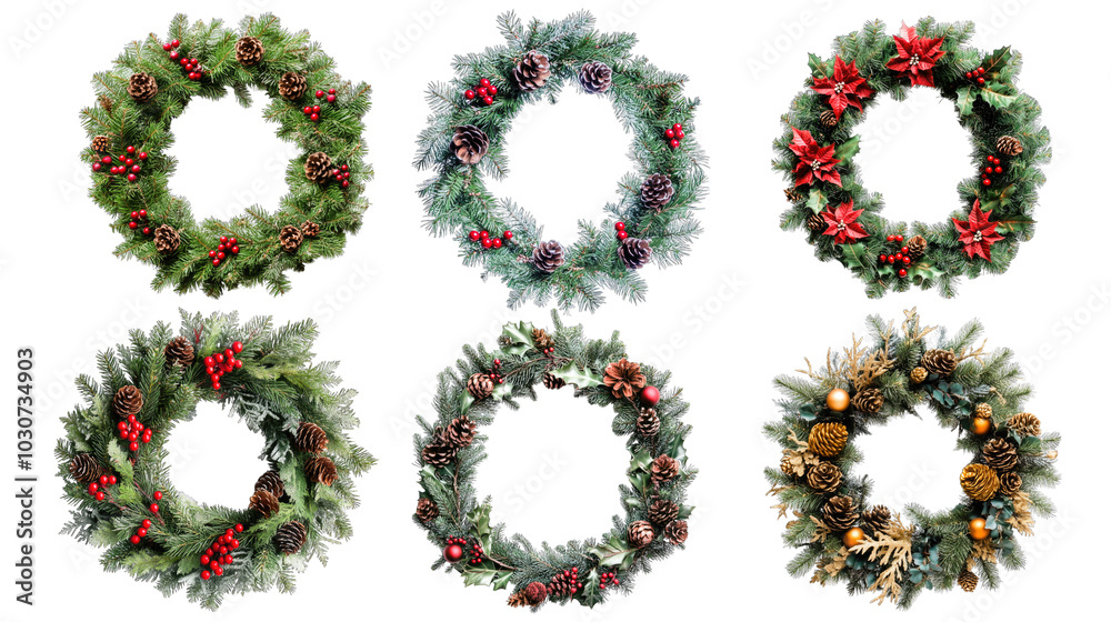 Set of Christmas wreaths isolated over a white or transparent background. Christmas decoration concept Set of Christmas wreaths isolated over a white or transparent background. Christmas decoration concept