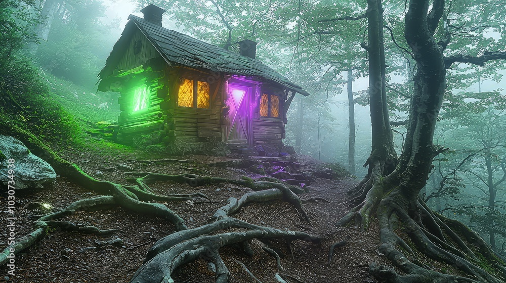 A small wooden cabin with glowing windows sits nestled in a misty forest, surrounded by exposed tree roots.
