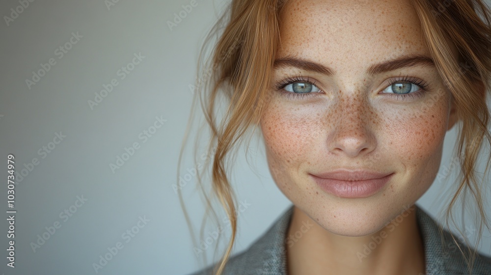 A close-up portrait of a smiling woman with freckles and blue eyes. A close-up portrait of a smiling woman with freckles and blue eyes.
