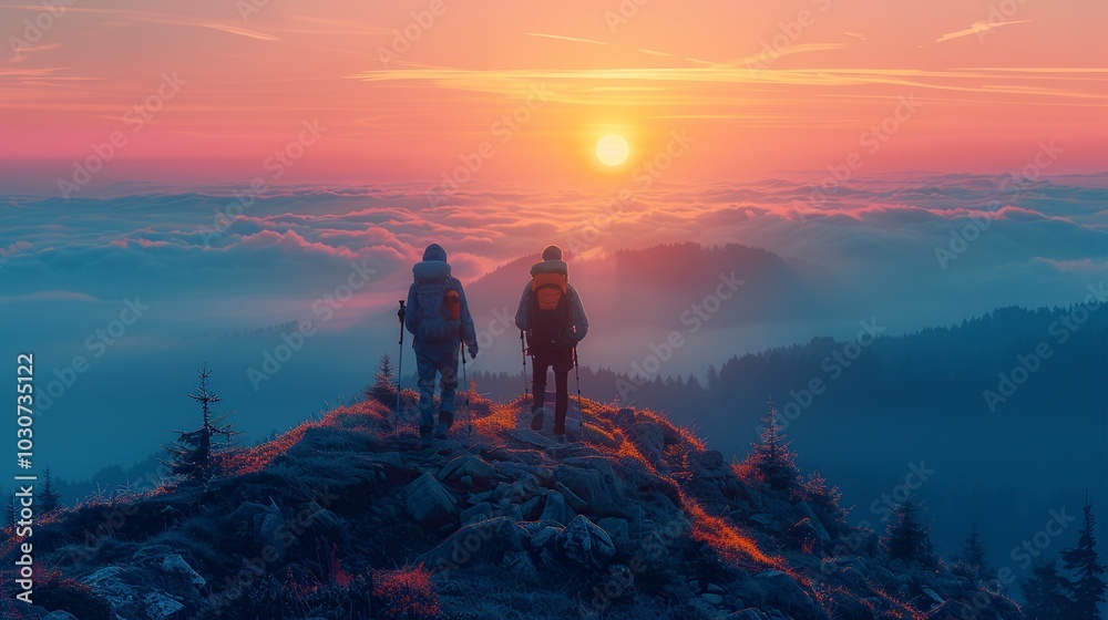 Fototapeta premium Two people on a hiking adventure at dusk, showcasing teamwork, friendship, and achievement. The majestic view and foggy landscape symbolize their journey, confidence, and passion. High resolution