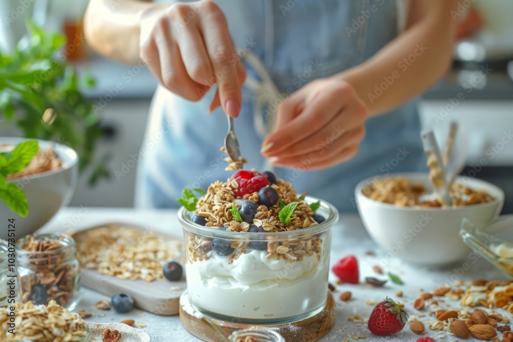 Delicious homemade yogurt parfait with fresh berries and granola Delicious homemade yogurt parfait with fresh berries and granola