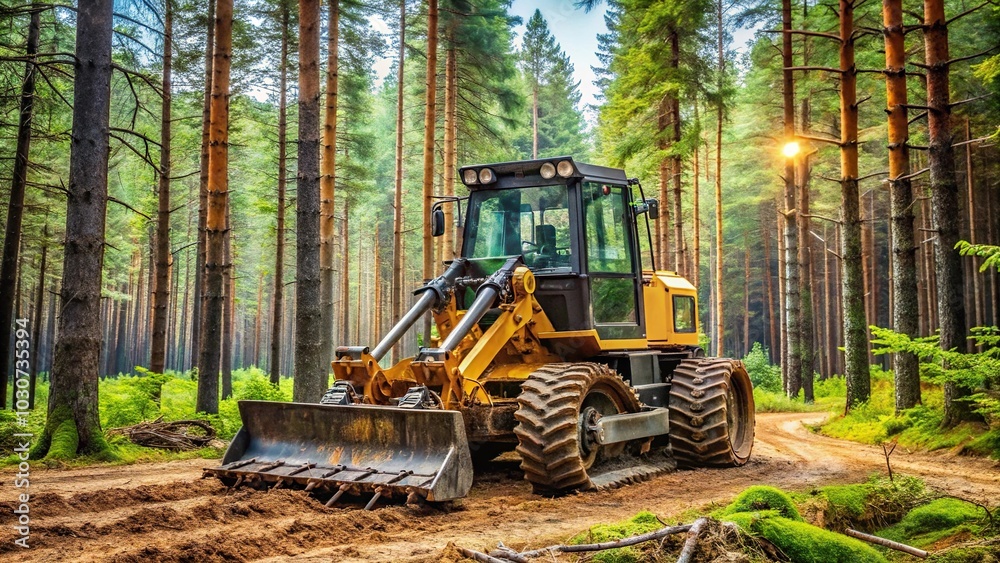 Forestry mulcher in a forest clearing underbrush detailed and lifelike reflected Forestry mulcher in a forest clearing underbrush detailed and lifelike reflected