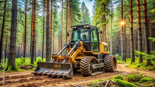 Forestry mulcher in a forest clearing underbrush detailed and lifelike reflected