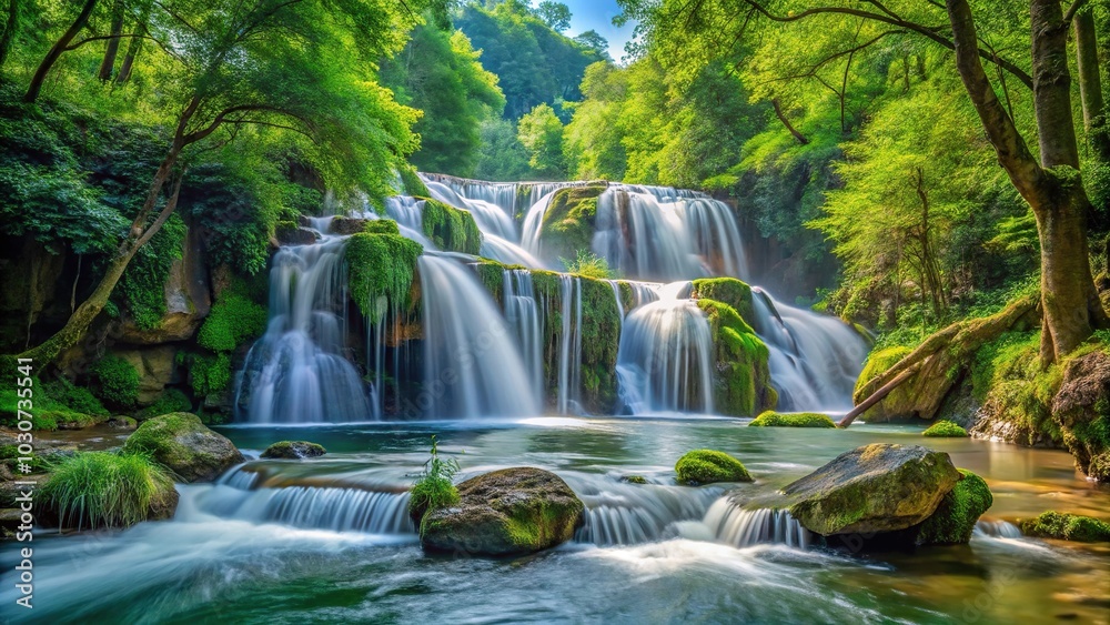 Fototapeta premium Forest waterfall with a change in height among trees and rocks, Extreme Close-Up