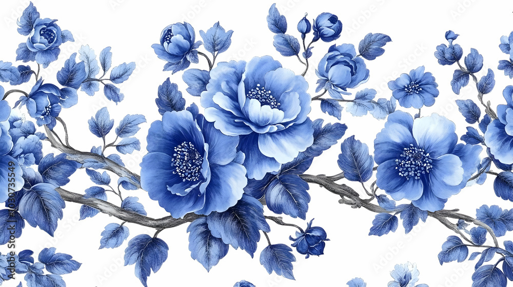 Obraz premium A decorative floral pattern featuring blue flowers and leaves.