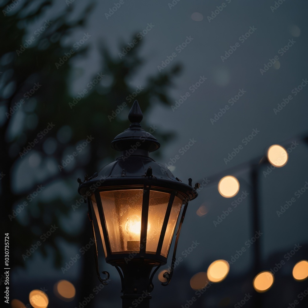 A single street lamp glows brightly in the evening with a string of fairy lights in the background.