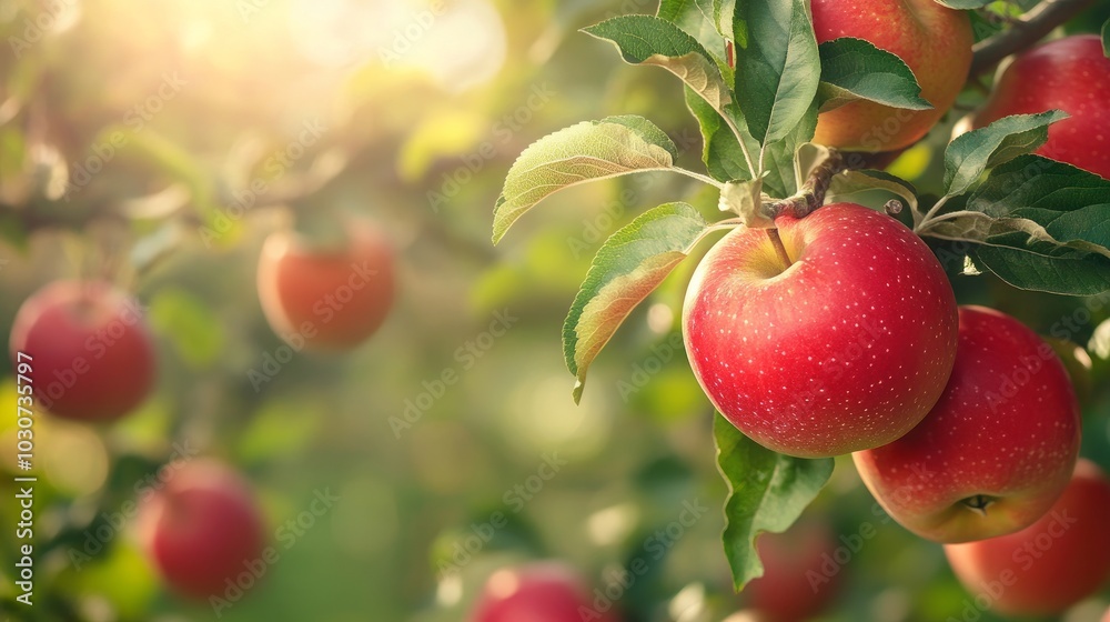 Ready to be picked, luscious red apples dangle heavy on branches. Amid the apple orchard's vibrant green foliage, they radiate light in the sun. Ready to be picked, luscious red apples dangle heavy on branches. Amid the apple orchard's vibrant green foliage, they radiate light in the sun.