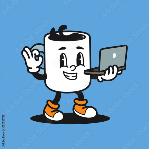 Coffee Holding Laptop Retro Mascot Cartoon Vector Illustration