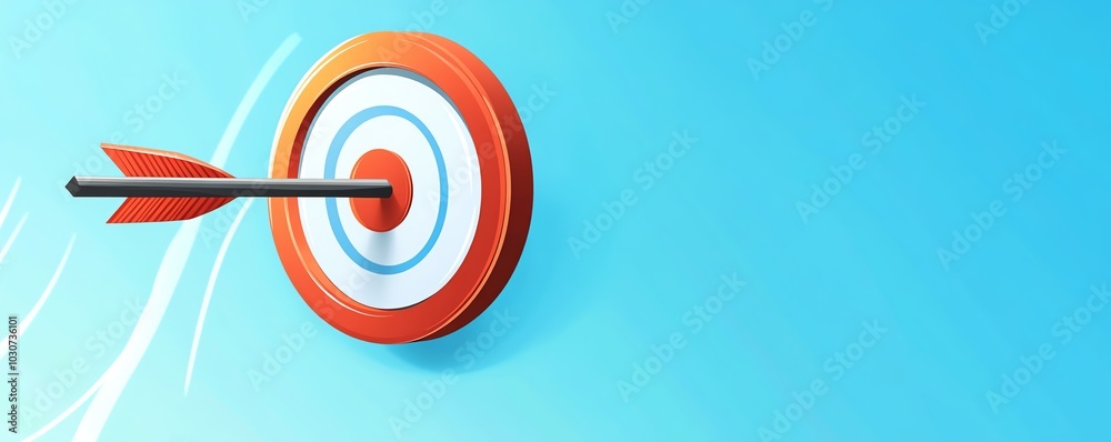 Arrow hitting the center of a red and white target on a light blue background, symbolizing precision, accuracy, and success. Arrow hitting the center of a red and white target on a light blue background, symbolizing precision, accuracy, and success.