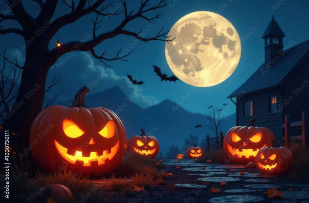 Halloween pumpkins lighting the path to a haunted house Halloween pumpkins lighting the path to a haunted house