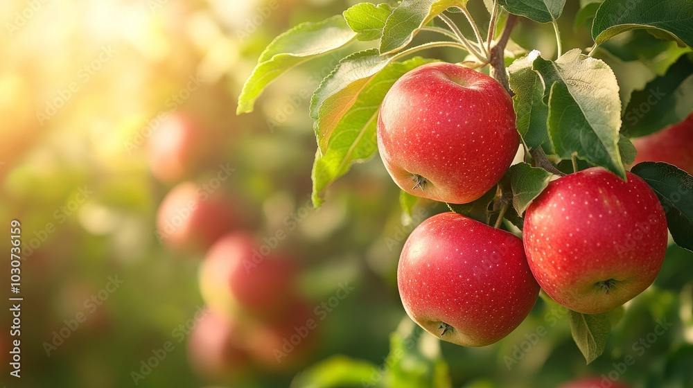 Ready to be picked, luscious red apples dangle heavy on branches. Amid the apple orchard's vibrant green foliage, they radiate light in the sun. Ready to be picked, luscious red apples dangle heavy on branches. Amid the apple orchard's vibrant green foliage, they radiate light in the sun.