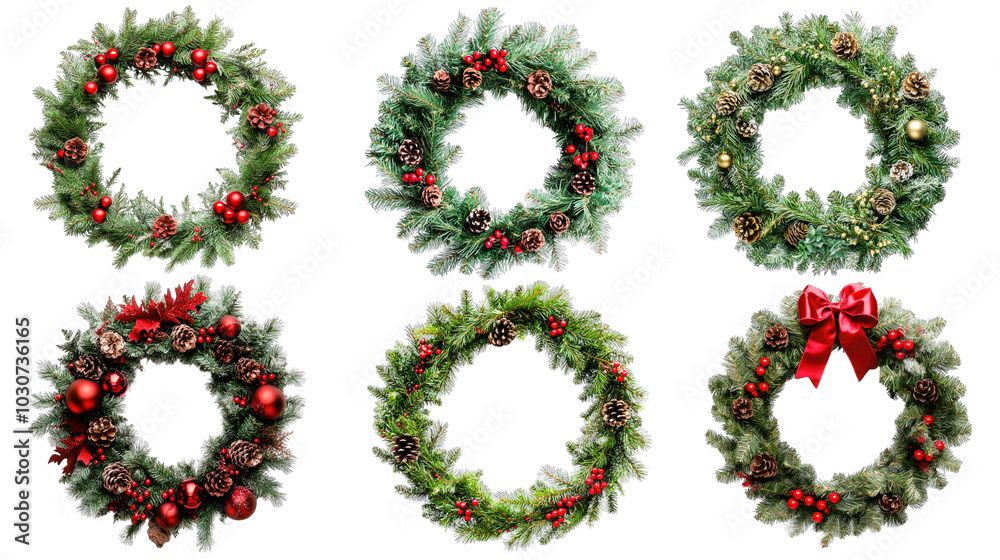 Set of Christmas wreaths isolated over a white or transparent background. Christmas decoration concept Set of Christmas wreaths isolated over a white or transparent background. Christmas decoration concept