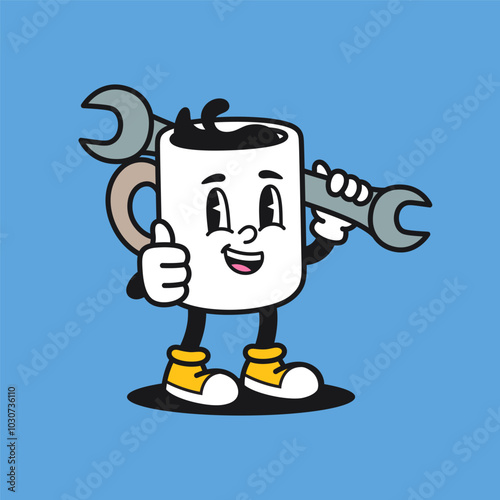 Coffee Mechanic Retro Mascot Cartoon Vector Illustration