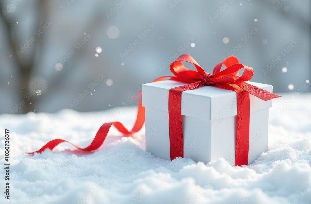 White gift box with red ribbon standing on snow White gift box with red ribbon standing on snow