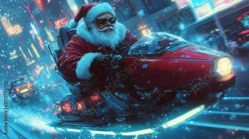 Santa Claus in a Futuristic Sleigh. photo