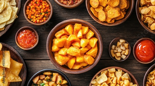 Popular African snacks, like chin chin, placed in a top view layout with room for copy