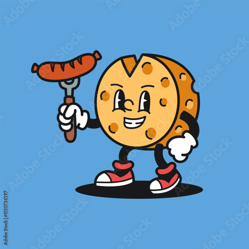 Cheese Holding Sausage Retro Mascot Cartoon Vector Illustration