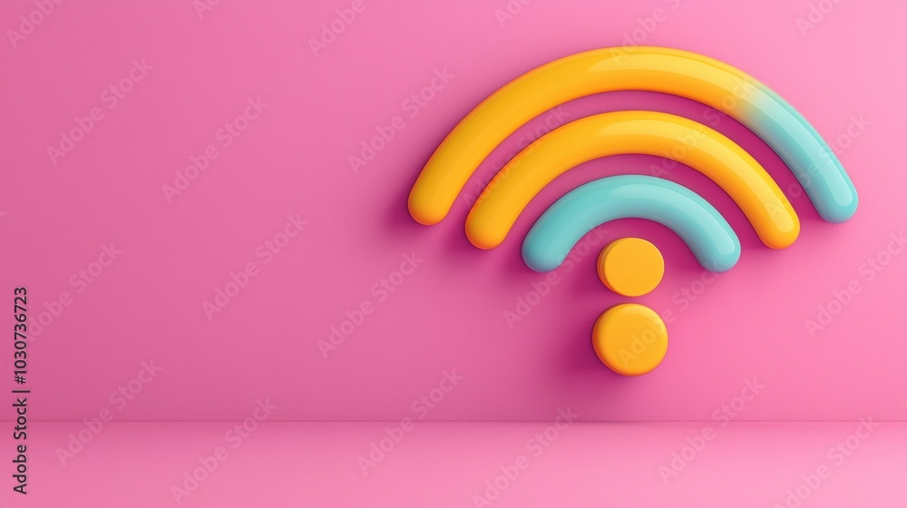 Colorful 3D Wi-Fi symbol with vibrant yellow and blue against a pink background. Colorful 3D Wi-Fi symbol with vibrant yellow and blue against a pink background.